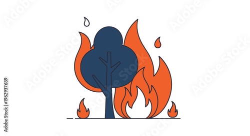 Dark Blue Tree Surrounded by Orange Flames – Forest Fire Danger, Environmental Threat, Wildfire