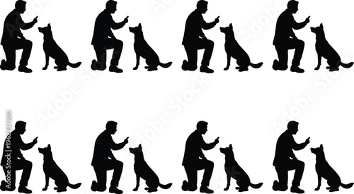 Eight black silhouette figures of a man kneeling and training a dog, set against a white background, illustrating instruction and learning.