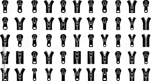 Zipper Types Icons. Outline icon set of Zipper types: coil zipper, metal zipper, invisible zipper, plastic
