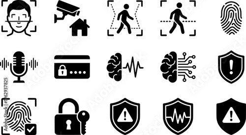 AI Security Icons. Outline icon set of AI in security: facial recognition, home surveillance, intrusion
