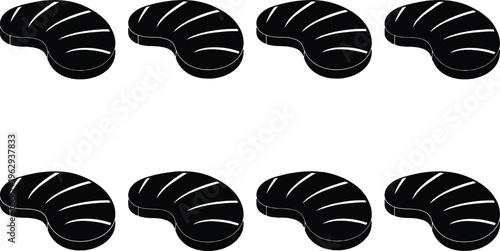 A repeating pattern of eight black steak icons, depicted with grill marks and a slight 3D effect, on a white background.
