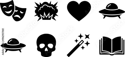Iconic Movie Genres. Movie genres. Filled icon set of Movie genres: comedy mask, drama mask, action explosion,
