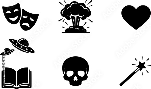 Iconic Movie Genres. Movie genres. Filled icon set of Movie genres: comedy mask, drama mask, action explosion,
