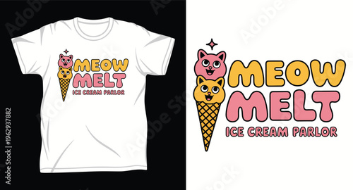 Cute cat ice cream cone logo design with meow melt text on white tshirt mockup