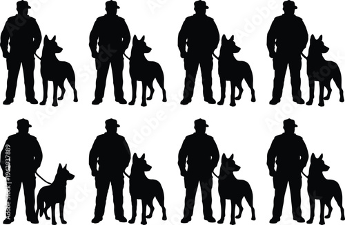 A repeating pattern of eight black silhouettes of a man standing with a dog on a leash, against a white background.