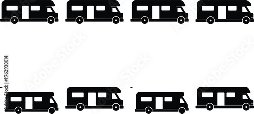Collection of black silhouette icons representing RV campers, showcasing different angles and designs for travel and leisure.