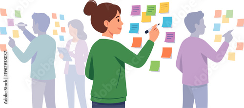 People stick colorful notes on a collaborative workspace indoors.