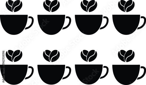 Group of black silhouette coffee cups with beans floating above, symbolizing morning energy and beverage enjoyment.