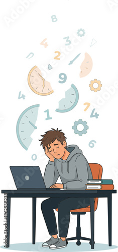 A young man sits at a desk with a laptop experiencing stress and confusion with mathematical equations floating above his head in a cluttered room.