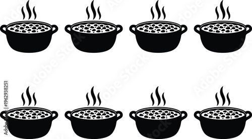 Eight steaming pots of hearty stew or soup, presented in a repeating pattern, ideal for culinary themes and restaurant menus.