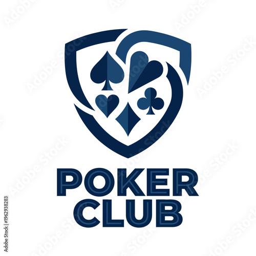 Stylish logo design for a poker club featuring classic card symbols like spades, hearts, diamonds, and clubs inside a shield shape, ideal for marketing gaming activities.