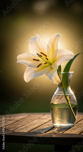 White lily glass vase garden table golden backlight glowing scent delicate petals peaceful