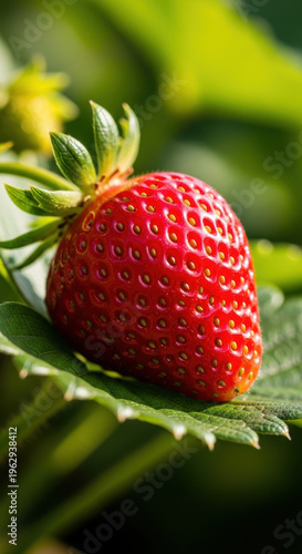 Ripe red strawberry on green leaf in sunlit garden showing juicy texture and detailed seeds, fresh vibrant summer harvest