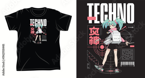 Techno eva.02 anime girl, futuristic music, japanese text, cyberpunk style, barcode elements, graphic t-shirt design
