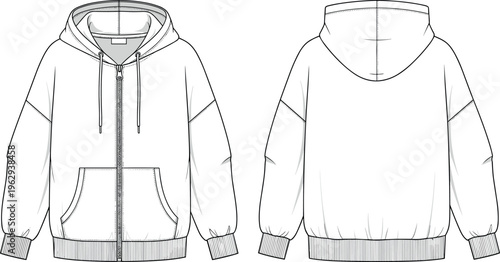 Zip Up Hoodie Technical Flat Sketch Vector Template with Drop Shoulder Overvized Fit Front and Back View for Fashion Design