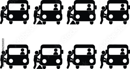 A repeating pattern of eight people pushing a bus, symbolizing teamwork, effort, or a breakdown situation, in a simple black and white vector style.