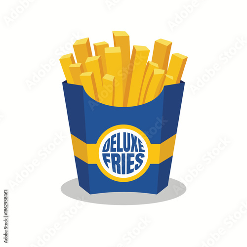 An eye-catching illustration of a fast-food fries box filled with golden fries and bold branding, capturing the essence of delicious snacking and culinary enjoyment.
