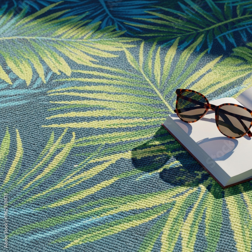 Tropical leaf rug sunglasses book palm pattern relaxing sunlit outdoor leisure