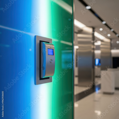 Modern hospitality intercom mounted on colorful glass wall with sleek hallway and service desk in background, professional and welcoming atmosphere