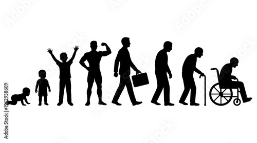 Human Life Stages Silhouette Vector Icon Set – Powerful Vectors Depicting Growth, Aging, Career, and Mobility from Infancy to Elderly in Minimalist Black Profiles