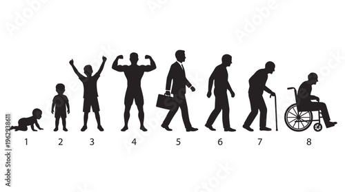 Human Life Stages Silhouette Vector Icon Set – Powerful Vectors Depicting Growth, Aging, Career, and Mobility from Infancy to Elderly in Minimalist Black Profiles
