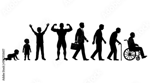 Human Life Stages Silhouette Vector Icon Set – Powerful Vectors Depicting Growth, Aging, Career, and Mobility from Infancy to Elderly in Minimalist Black Profiles
