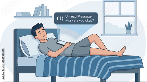 Man lying on bed receiving unread message on phone from friend