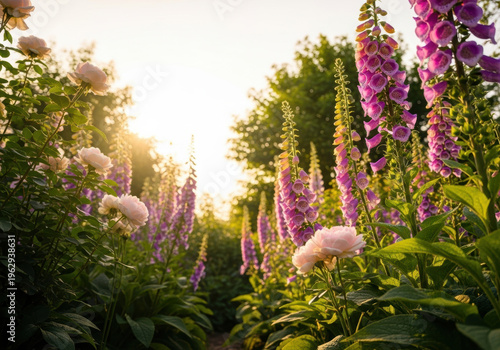 Lush garden foxglove rose morning sunlight floral leaves fresh calm glow