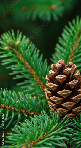Pinecone fir cone evergreen branch closeup natural wood texture geometric pattern outdoors green needles tranquil forest mood