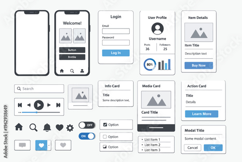 Mobile App UI Wireframe Kit with Screens and Interface Elements