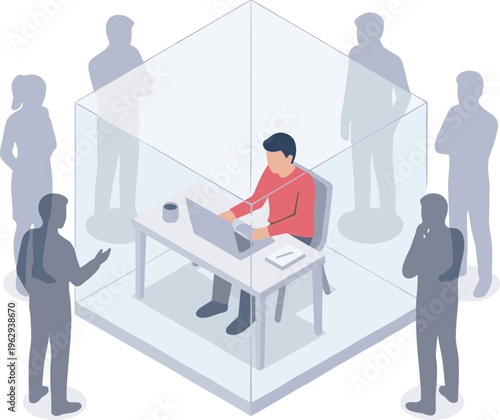 A man works on laptop inside a transparent office cubicle surrounded by people.