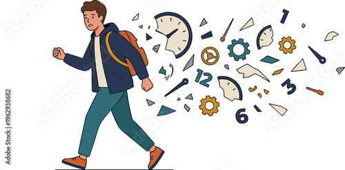 Man walks through scattered office supplies and tools in a busy environment