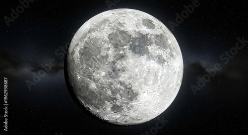 Highly detailed surface of the radiant full moon showing its numerous craters and textured lunar landscape in dark space.