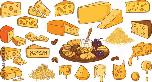 Variety of Cheese Slices, Blocks, Parmesan, and Cheese Platter with Grapes, Nuts, and Pasta for Food and Culinary Illustrations
