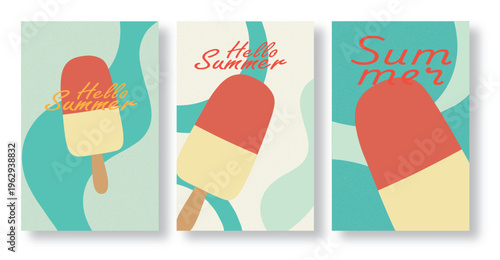 Hello Summer ice cream popsicle posters vertical banners set sweet frozen treat advertising background cool summer vacation dessert promotion template bright colorful minimalist design
