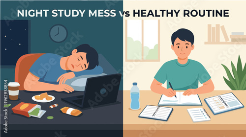 Man studying late at night with messy food and a healthy morning study routine
