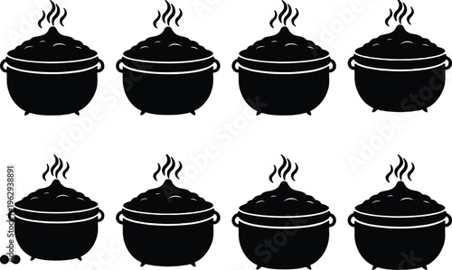 A repeating pattern of eight black cauldrons filled with steaming, bubbling contents, perfect for Halloween or fantasy-themed designs.