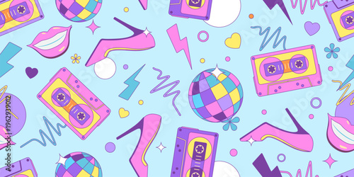 Colorful seamless retro pattern of 80s-90s with disco and music elements. Pop art disco banner.  Memphis style background. Vector illustration