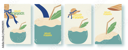 Summer vacation beach hat coconut drink poster banner card template design Hello Summer travel tourism flyer invitation exotic holiday advertising