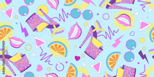 Colorful seamless retro pattern of 80s-90s with disco elements. Pop art disco banner.  Memphis style background. Vector illustration