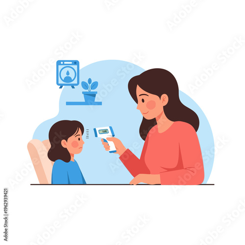 Mother uses infrared thermometer to check her child's temperature at home, illustrating health monitoring and care