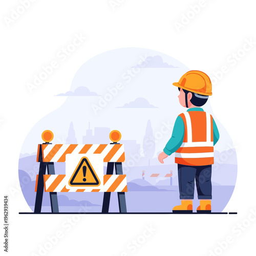 Young child dressed as construction worker observing a warning barrier