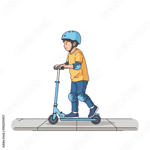 Young child wearing protective gear riding a blue scooter on a sidewalk