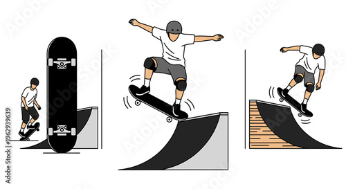 Skateboarder performing tricks on ramps skateboard sequence action sports extreme skatepark thrill adventure young adult