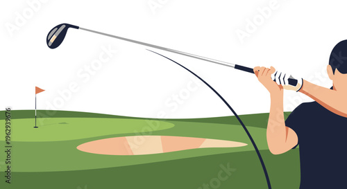 Man swinging golf club on green course with sand trap and flag