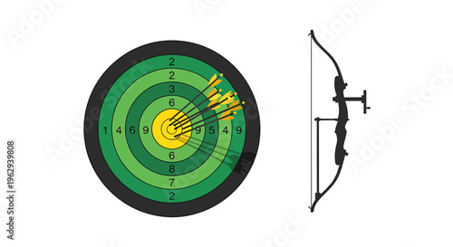 Archery target with arrows and bow on white background for sports and hobbies