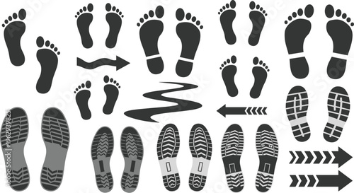 Footprints and Shoe Prints with Arrows, Curves, and Directional Pathways for Tracking and Outdoor Activity Illustrations
