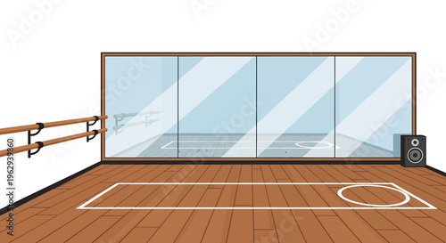 Dance studio interior with wooden floor mirrored wall ballet barre and speaker