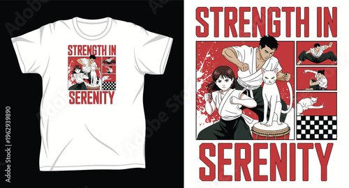 Martial arts anime style graphic design with text strength in serenity