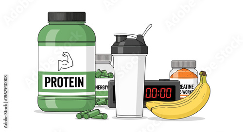 Sports nutrition station with protein powder shaker banana and supplements for fitness and workout recovery